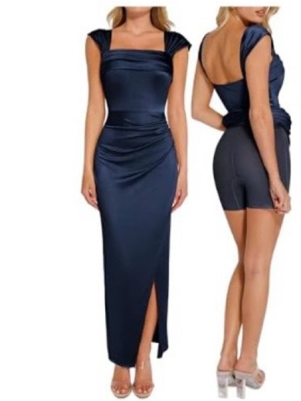 Popilush brand, size small, Dark Navy Dress with Front Slit, shapewear inside